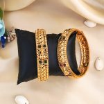 High Gold-Plated Bangles with Emerald and Ruby Stones, Antique Matte Temple Design Bangle (Set of 2)