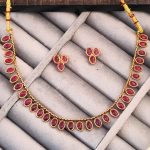 Traditional Gold-Plated Necklace Set with Ruby Red Stones, Oval Design, Matching Earrings