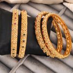 High Gold-Plated Bangles Set with Floral Design, Red and Green Stones, Set of 4