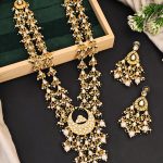 Traditional Indian Kundan Pearl Necklace and Earrings Set, High Gold-Plated, Crescent Moon Pendant, White and Green Beads