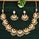 Gold Plated Crescent Moon Necklace Set with Red CZ Stones & Pearls - Elegant Festive and Wedding Jewelry for Women and Girls.