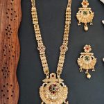 Rajwadi Polishing Antique Gold Plated Long Necklace Set with Red & Green Stones, and Matching Earrings