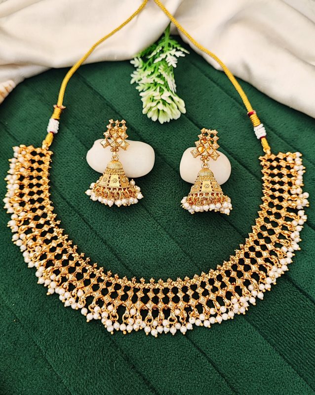 Elegant Gold Plated Pearl Choker Necklace Set with Jhumka Earrings