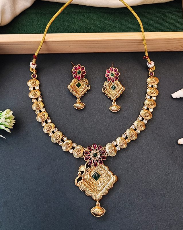 Floral Pendant Antique Necklace Set with Ruby and Green Stones