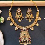 Indian Style Kundan Necklace Set with Earrings, Gold-Plated with Green and Red Stones for Her