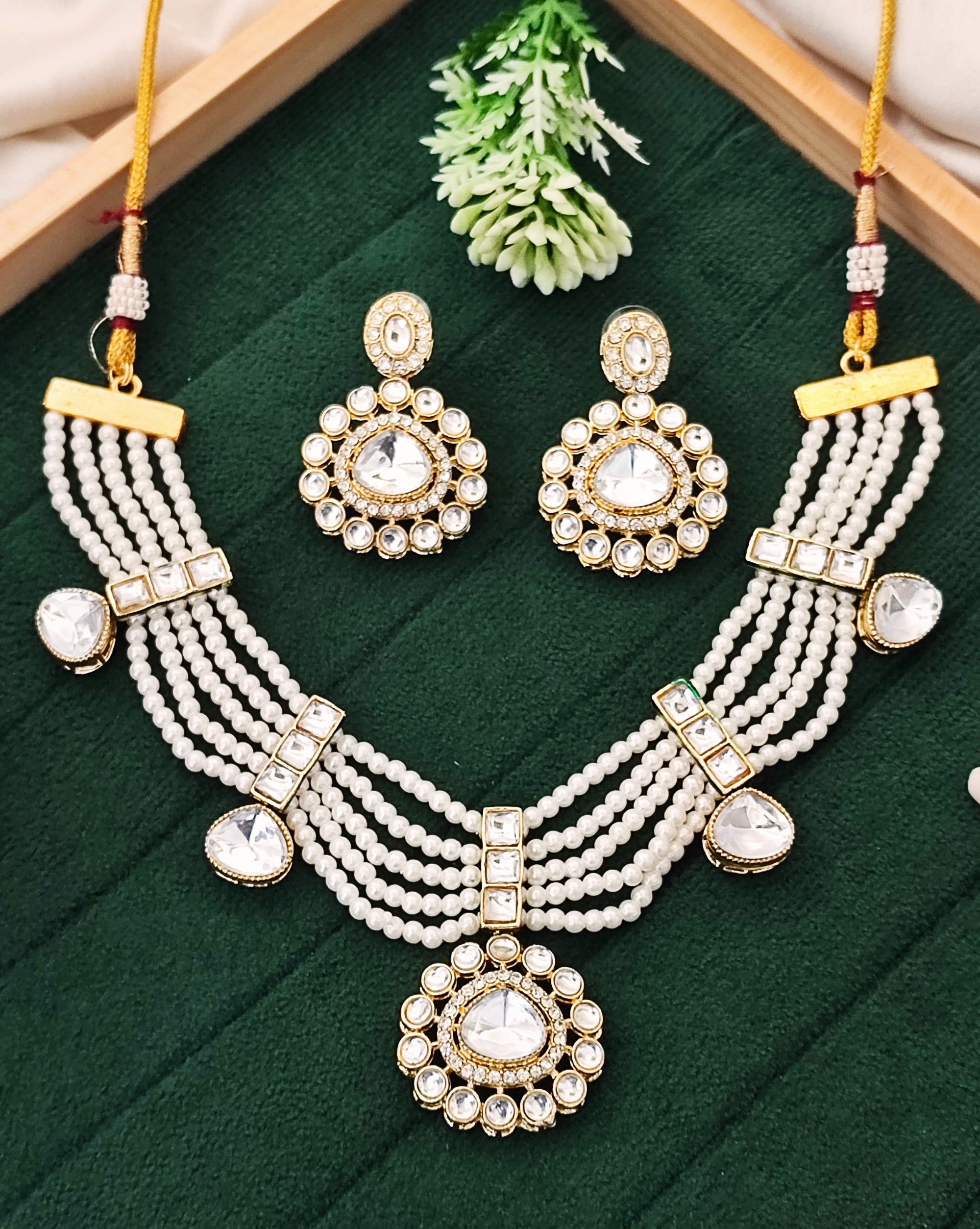 OK232 Elegant White Pearl Kundan Necklace Set with Earrings – Bridal Wedding Jewelry