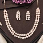 Rose Gold Double Line CZ Diamond Necklace with Earrings – Modern Glamour Jewelry for Evening & Bridal Wear