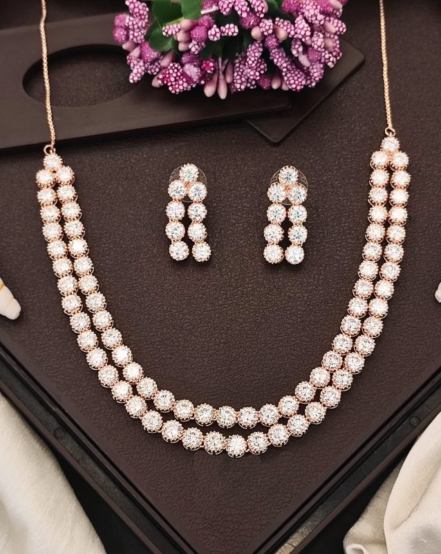 Rose Gold Double Line CZ Diamond Necklace with Earrings – Modern Glamour Jewelry for Evening & Bridal Wear