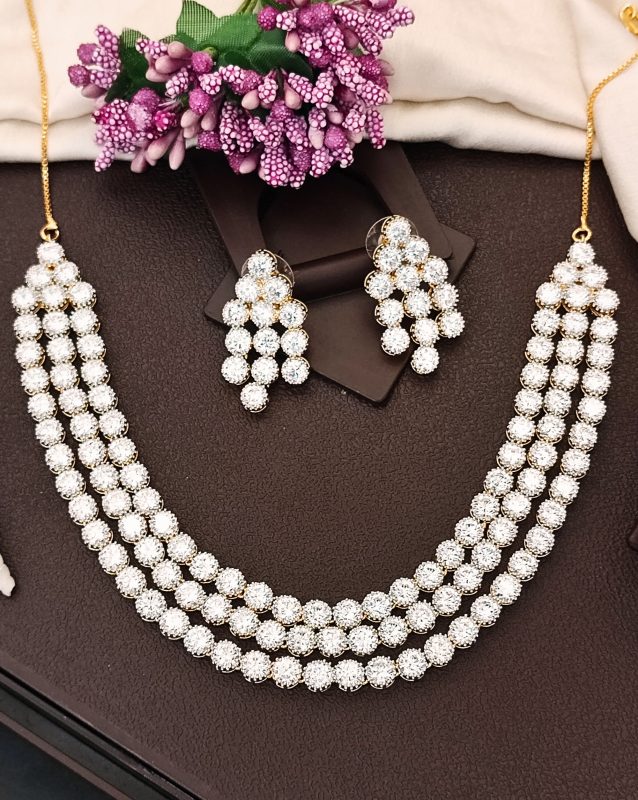White CZ Diamond Necklace Set, Gold Rhodium Polish, Triple Layer Bridal Jewelry for Her